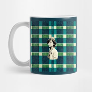 Peaceful young girl profile on a plaid background. Mug